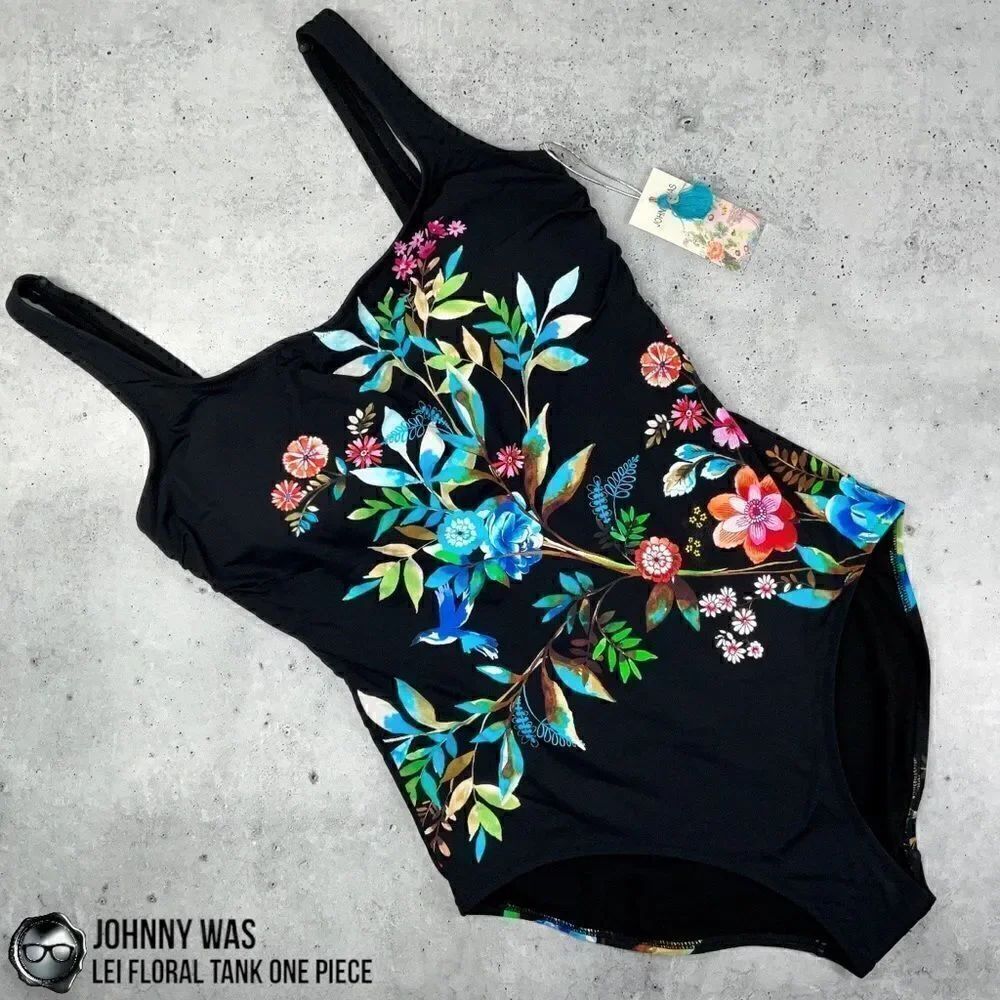 JOHNNY WAS LEI FLORAL TANK ONE PIECE PLUS SIZE 2X SWIMSUIT IN BLACK FLORAL NEW